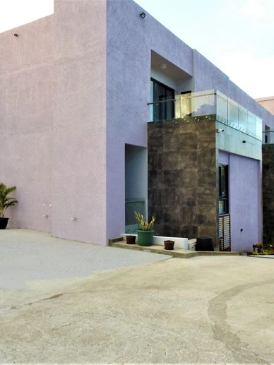 Modern purple building with balconies and potted plants on a paved driveway.
