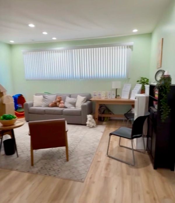 gray couch and brown chairs in the therapy room