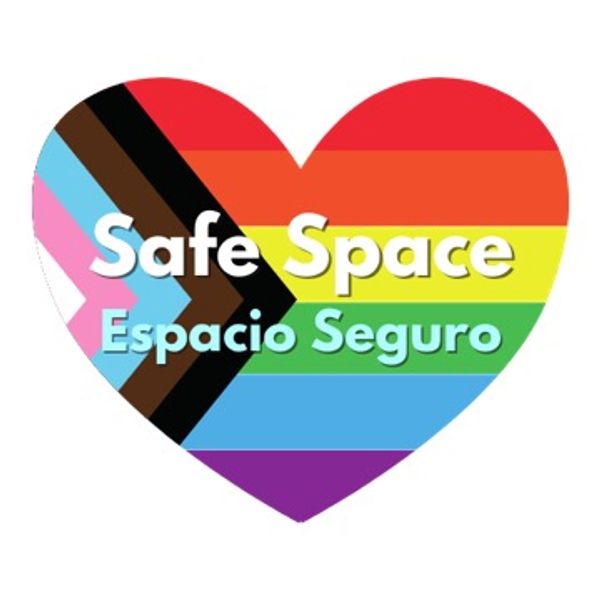 Heart with diversity and LGBTQ flag in background that states "Safe Space"