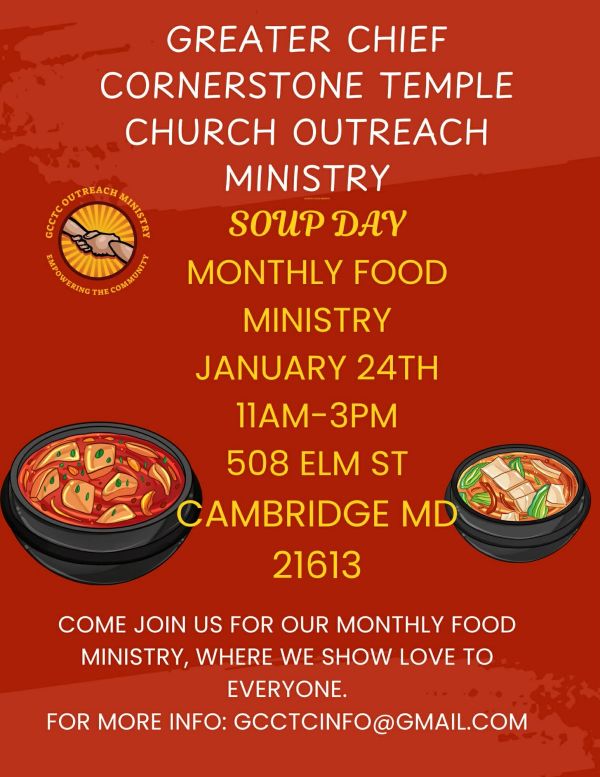 Flyer for Greater Chief Cornerstone Temple's Soup Day food ministry event on January 24th in Cambridge, MD.