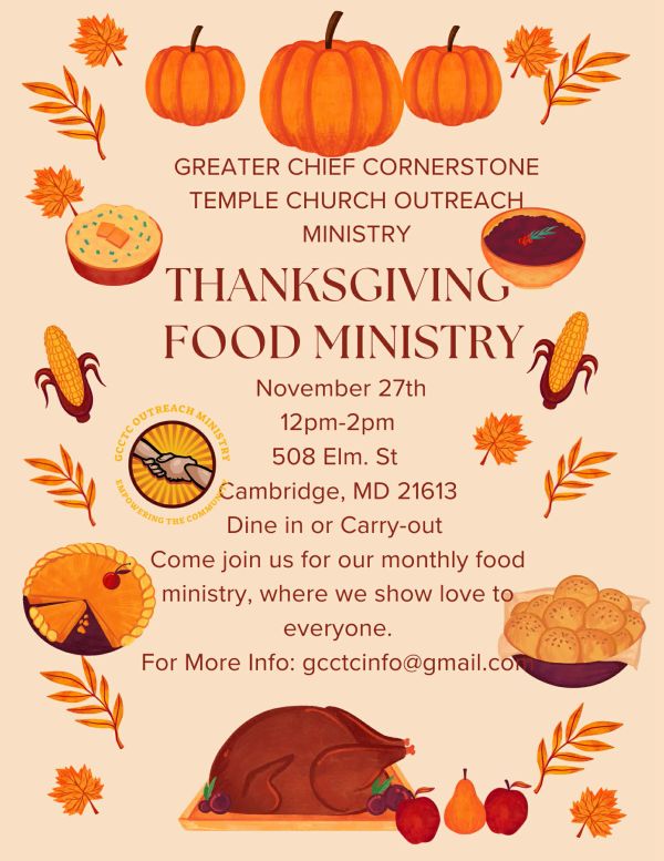 Thanksgiving Food Ministry event flyer with pumpkins and autumn leaves.
