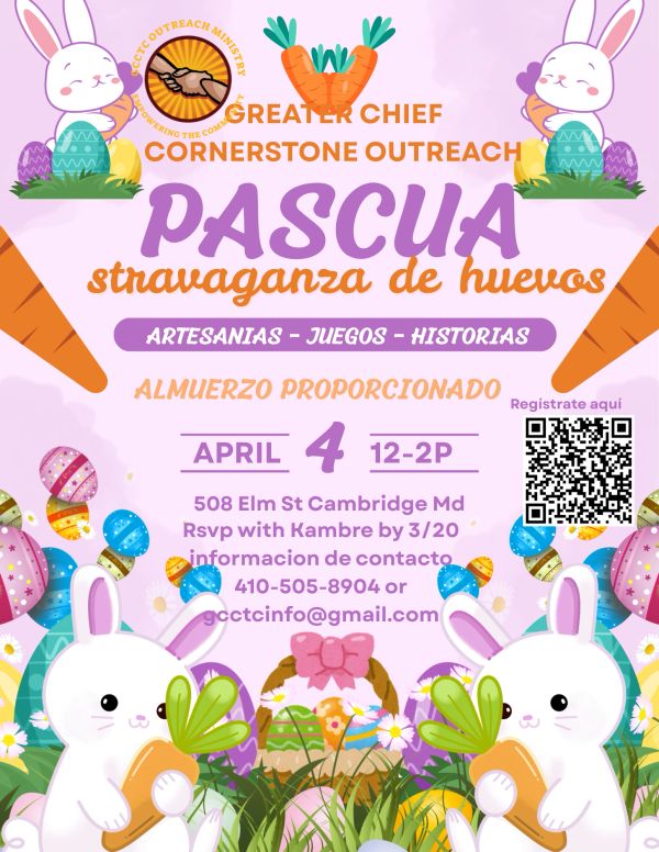 Easter eggstravaganza event with games, crafts, and lunch in Cambridge, MD.