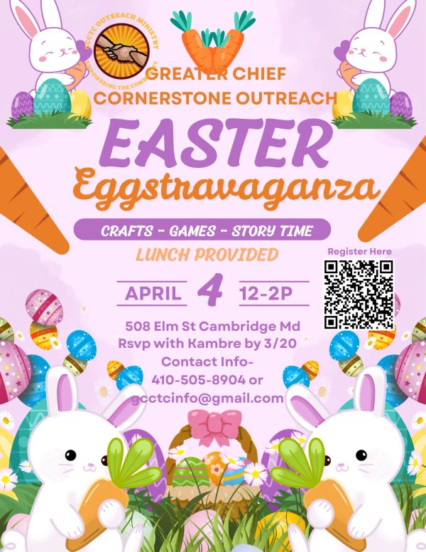 Easter Eggstravaganza event with crafts, games, and lunch on April 4th in Cambridge, MD.