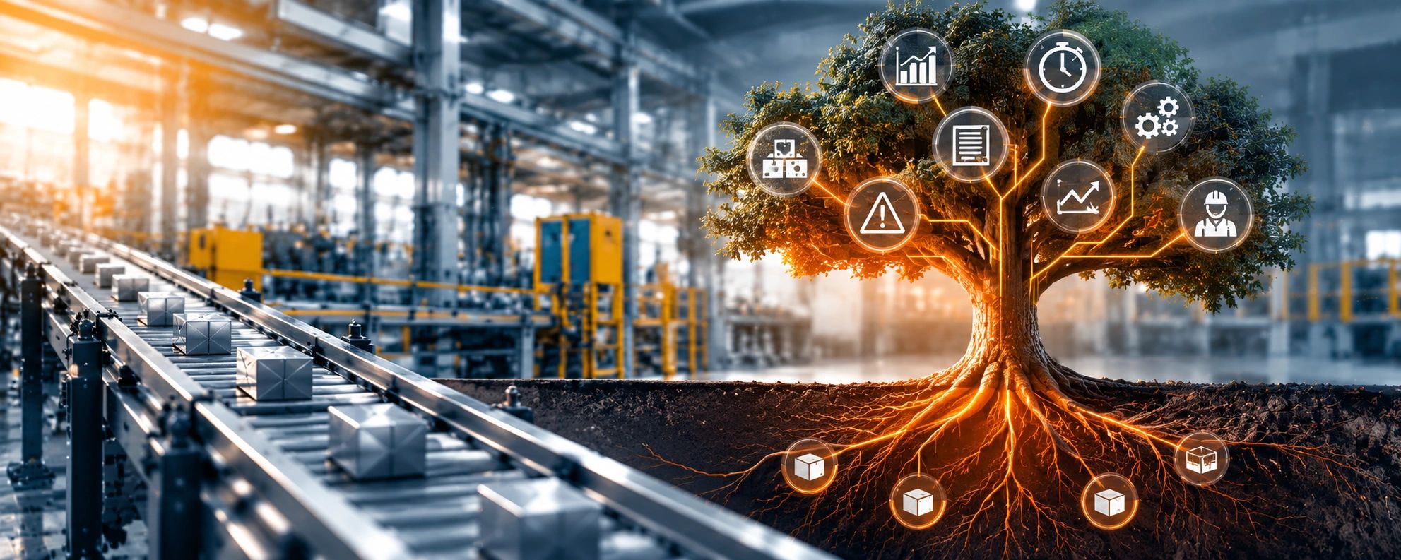Árbol tecnológico en fábrica que simboliza gestión y análisis.