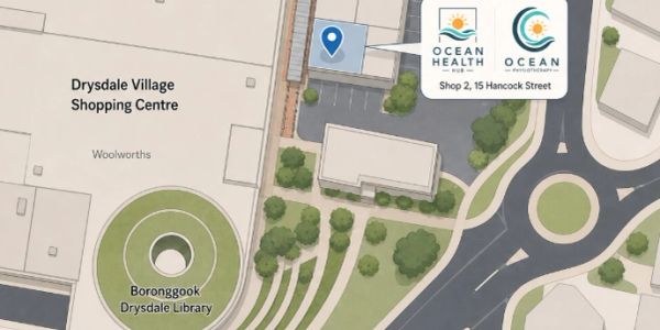 Map showing Drysdale Village Shopping Centre and Ocean Health location.