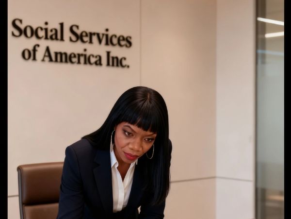 Woman working in an office with Social Services of America Inc. sign.