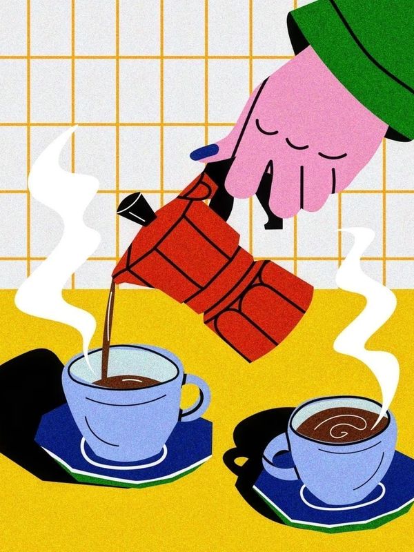 Illustration of coffee being poured into cups with steam rising.