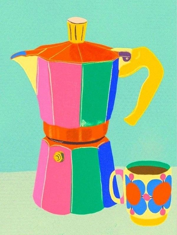 Colorful moka pot and patterned coffee cup on a light background.