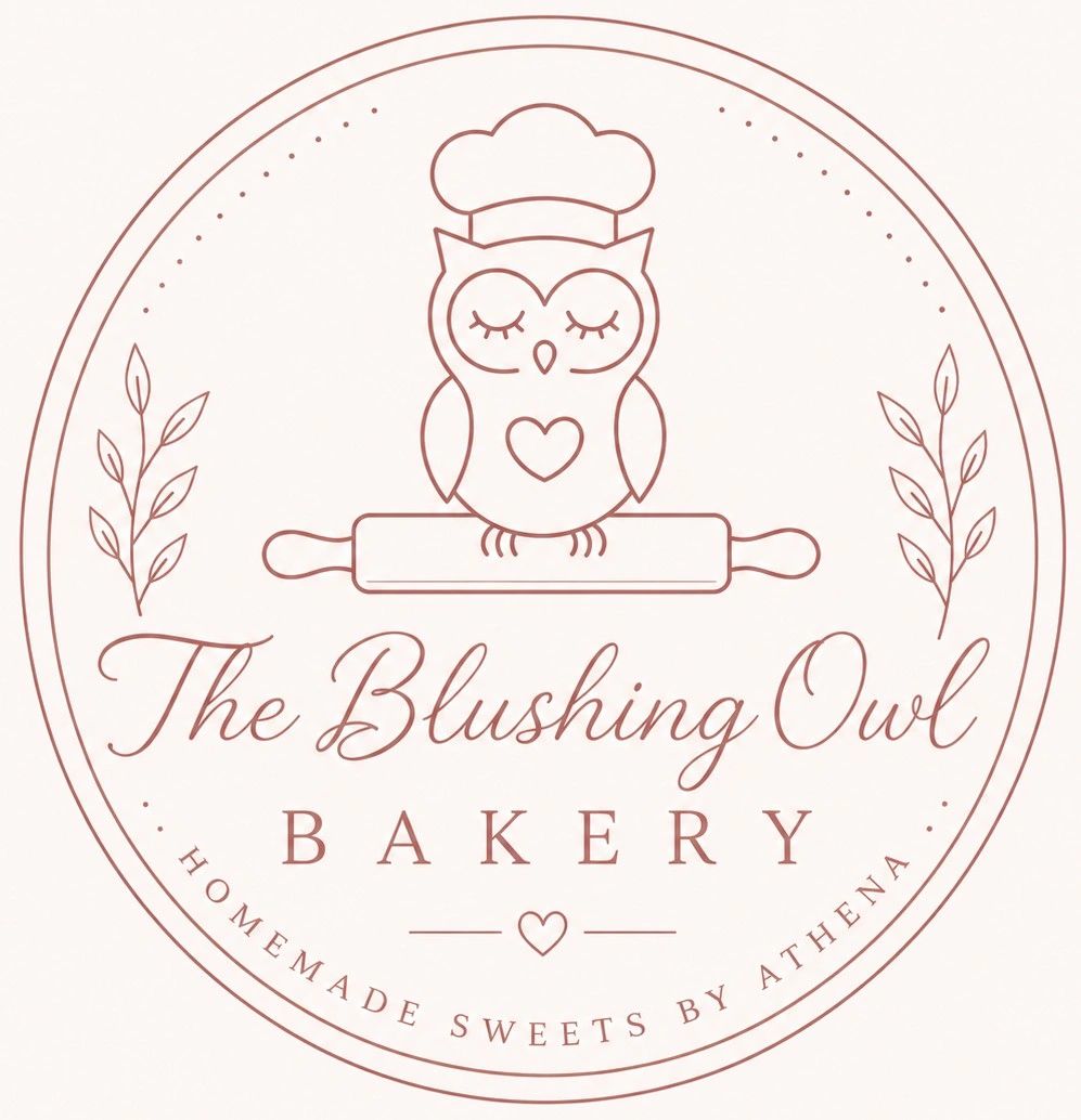 Logo of The Blushing Owl Bakery featuring an owl with a chef hat and rolling pin.