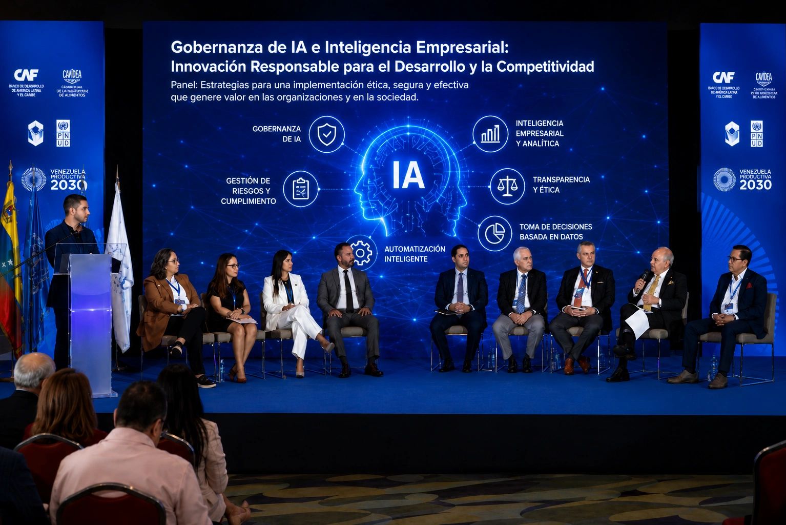 Panel discussing AI governance and responsible innovation for development and competitiveness.
