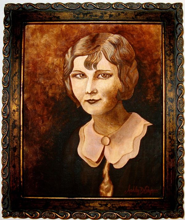 DeStefano Design-Sepia toned hand painted portrait of woman from the 1940’s.