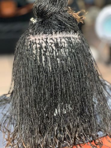 Close-up of freshly braided small box braids tied up at the top.
