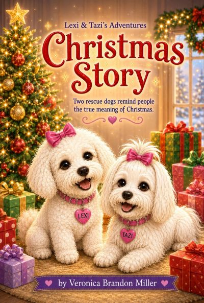Book cover featuring two cute dogs with Christmas decorations.