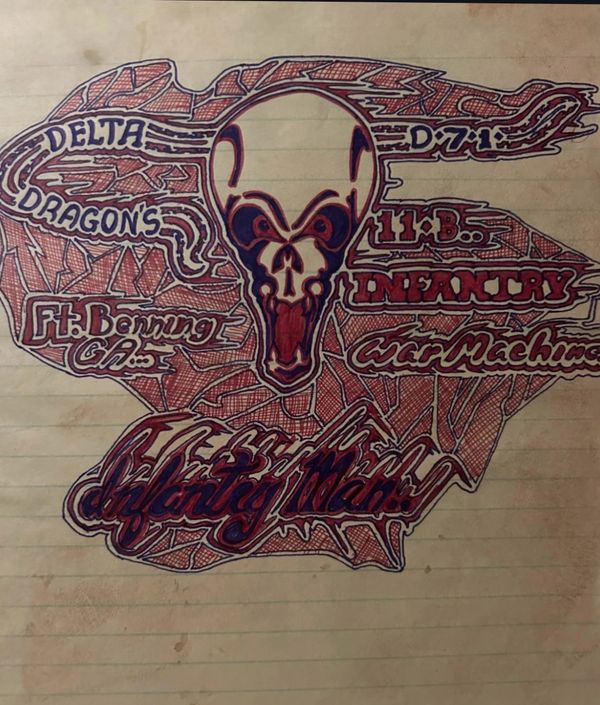 Hand-drawn skull with text representing Delta Dragons, 11th Infantry, Ft. Benning, GA.