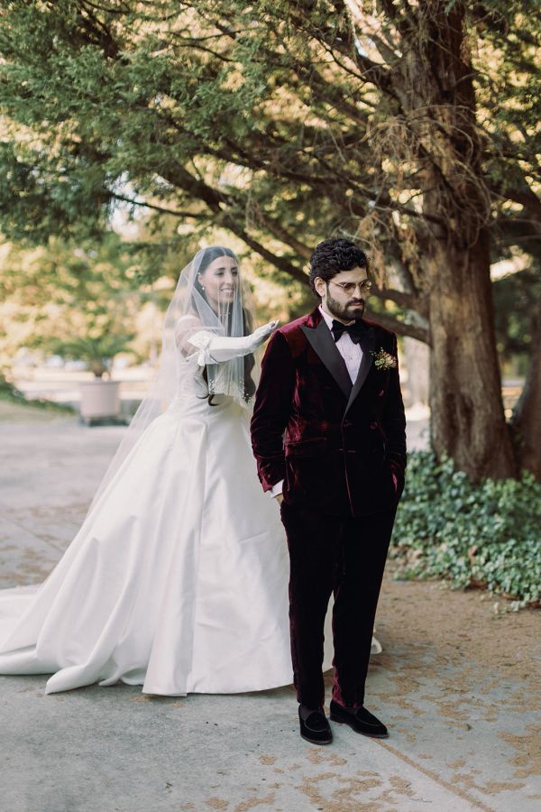 bride and groom first look at The Horticulture Center Philly