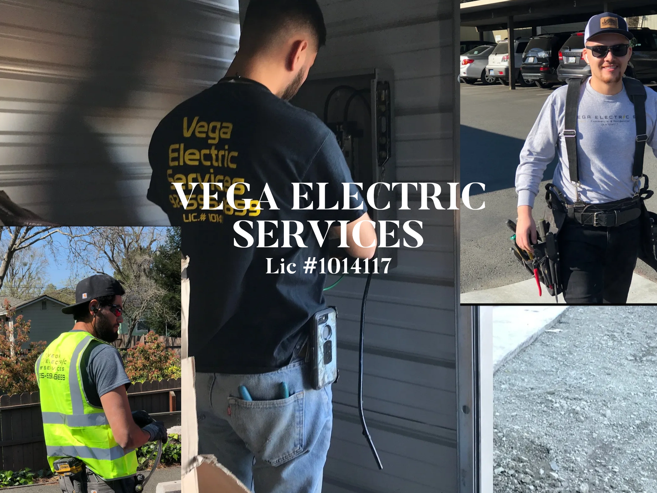 Vega Electric Services workers in action with tools and safety gear.