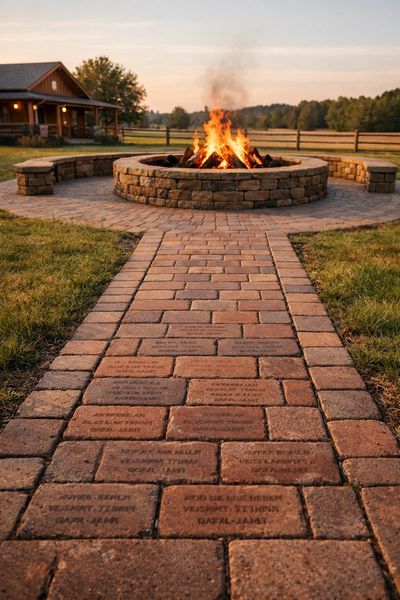 Brick walkway leading to a large fire pit at the BAD Outdoors ranch