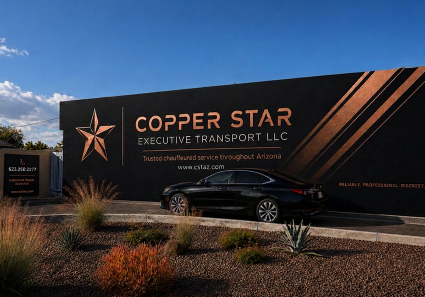 Black Lexus sedan parked in front of mural sign with the company name on it.