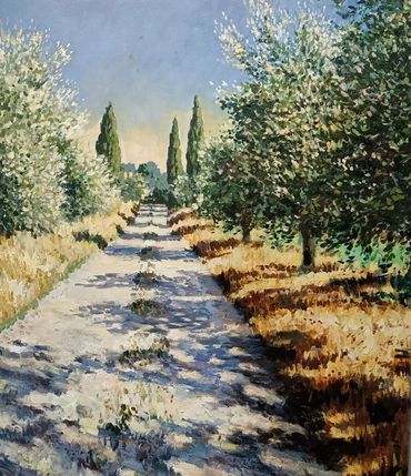 Oil painting of a road through an olive grove 