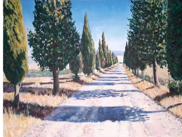 Oil painting of a road with cypress trees 