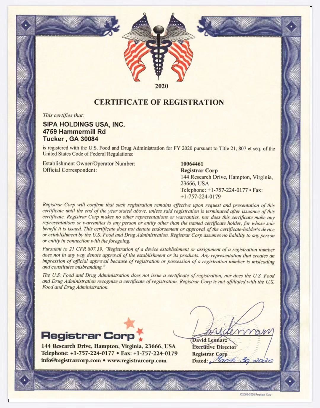SIPAMASKS CERTIFICATE BY FDA