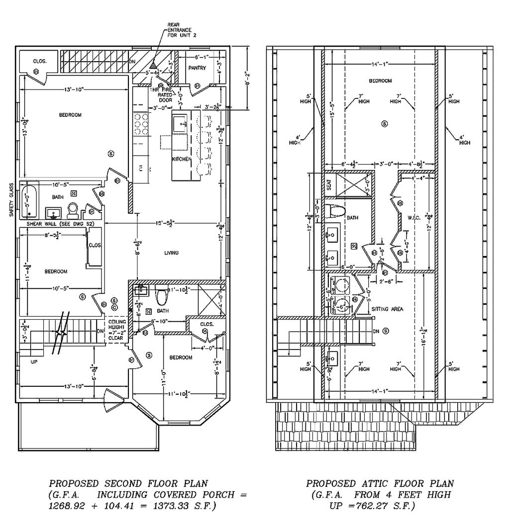 Architectural floor plans for second floor and attic with bedrooms, bathrooms, and living areas.