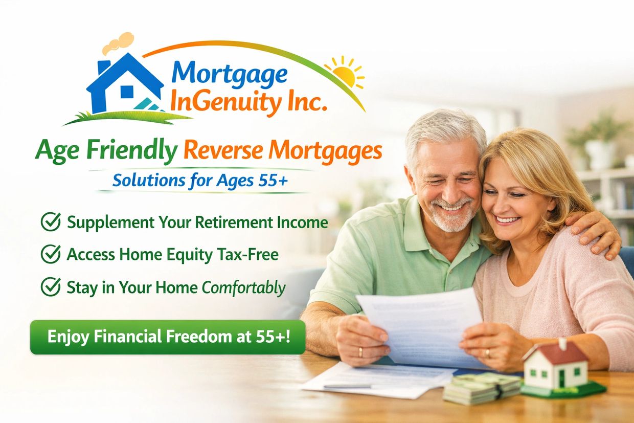 Senior couple happily reviewing reverse mortgage documents at home.