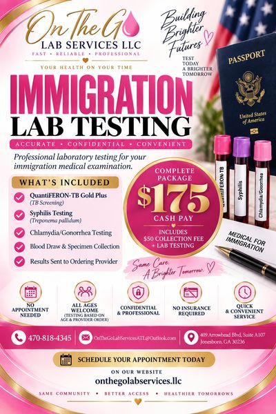 Immigration lab testing services including Syphilis, Chlamydia, and TB screening.