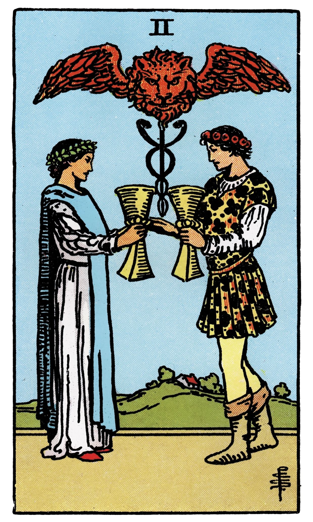 Two figures in medieval attire exchange golden cups under a winged lion symbol.