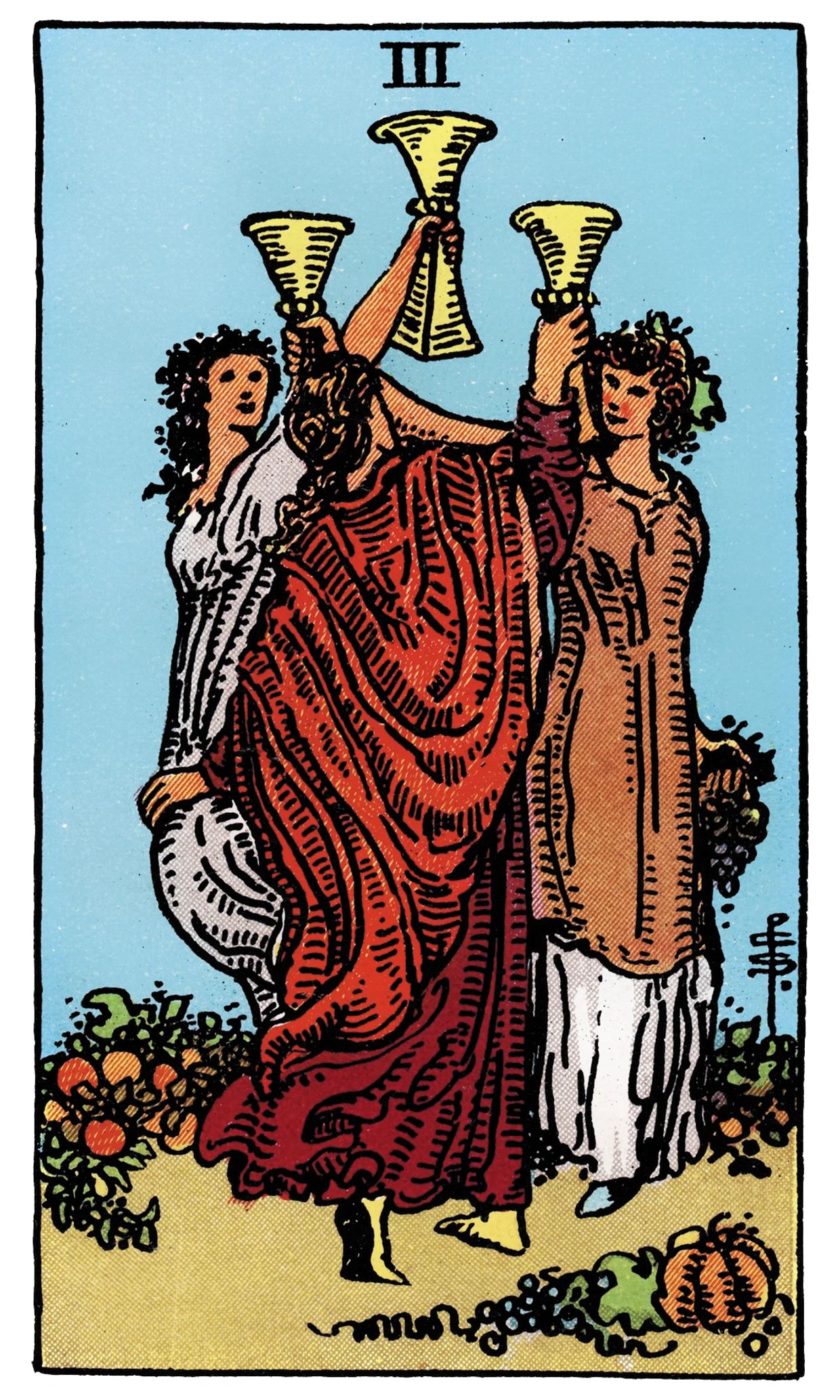 3 of Cups from Rider–Waite Tarot. Vancouver Tarot by Erina