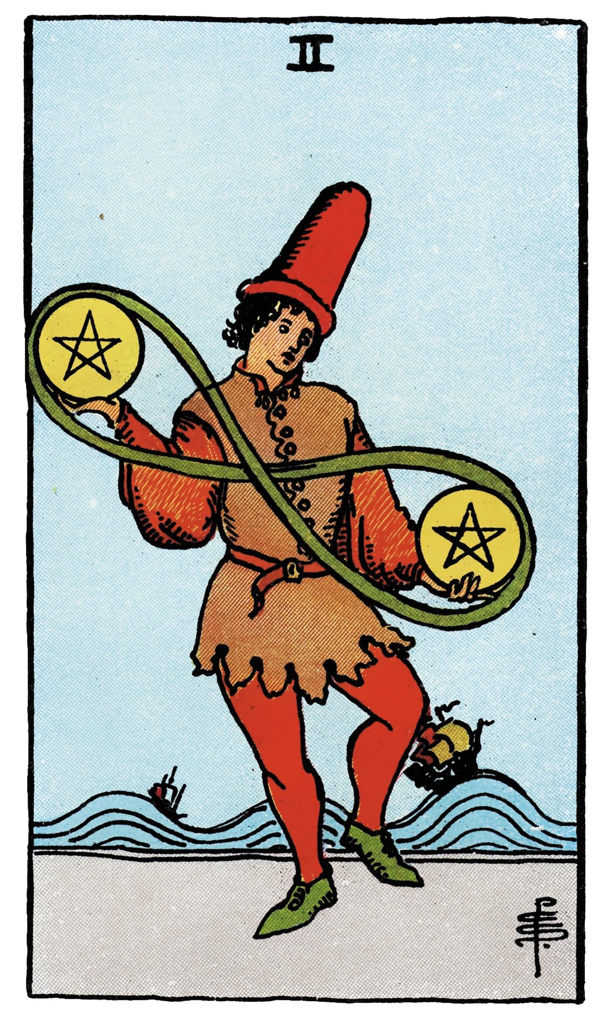 2 of Pentacles from Rider–Waite Tarot. Vancouver Tarot by Erina