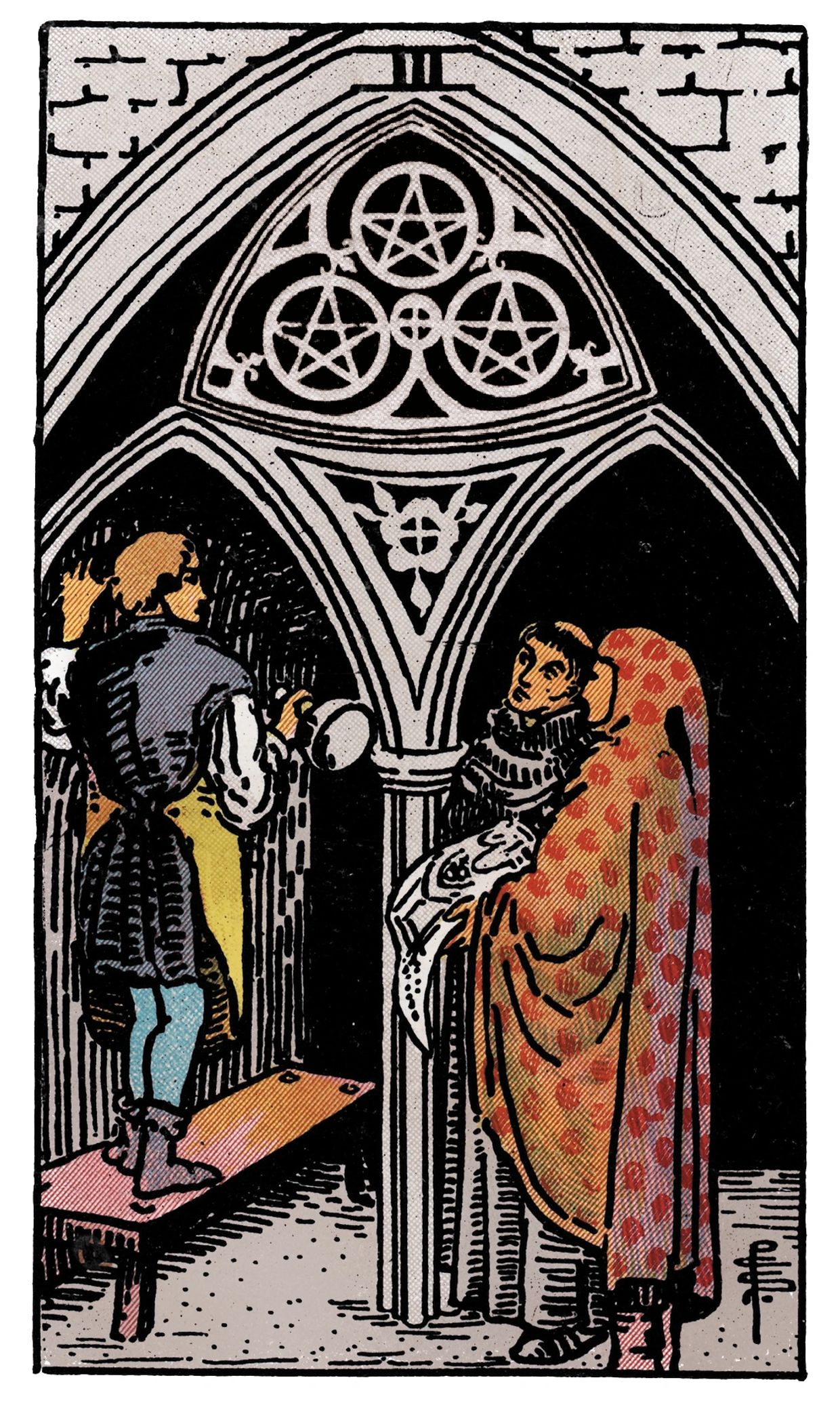 3 of Pentacles from Rider–Waite Tarot. Vancouver Tarot by Erina
