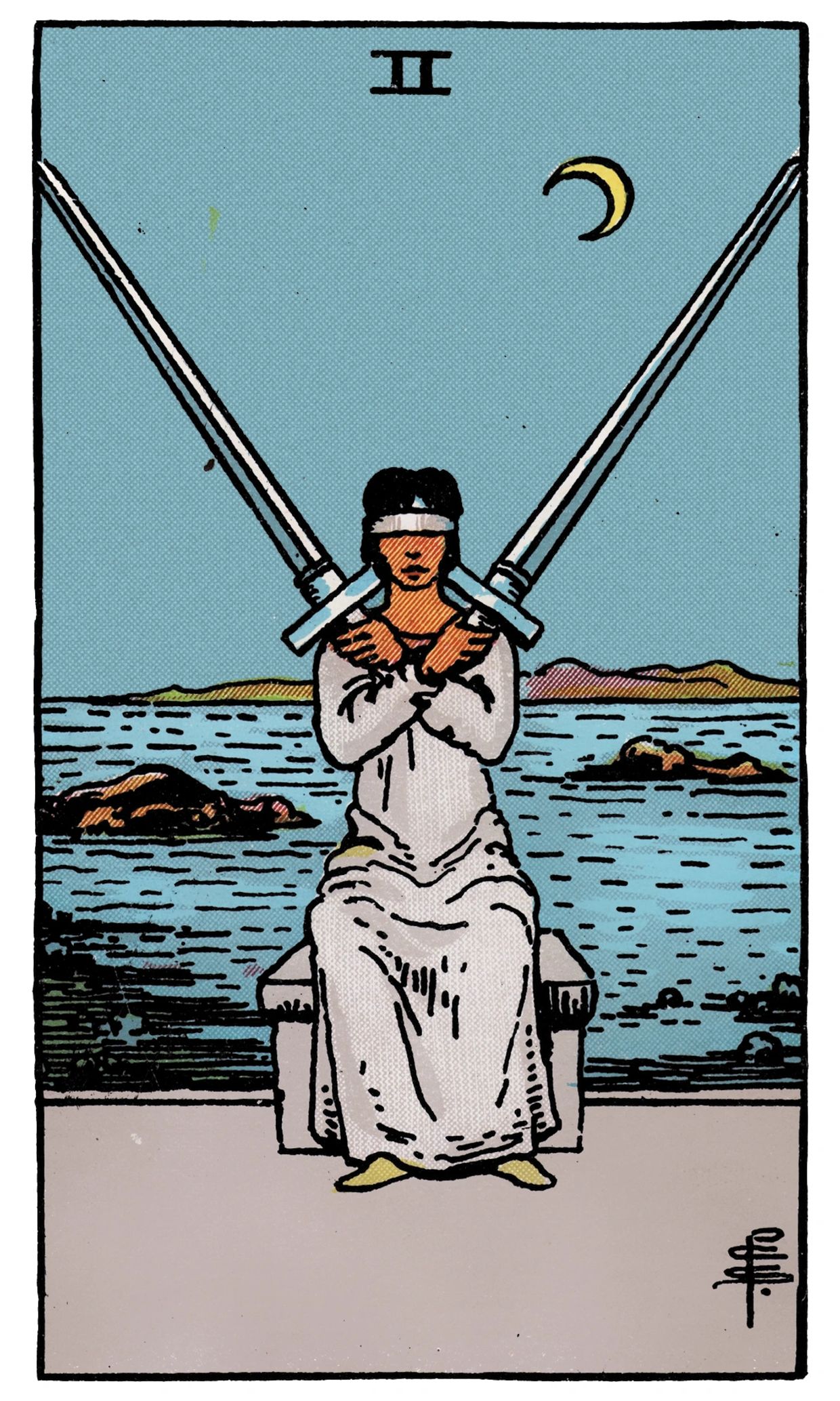 2 of Swords from Rider–Waite Tarot. Vancouver Tarot by Erina