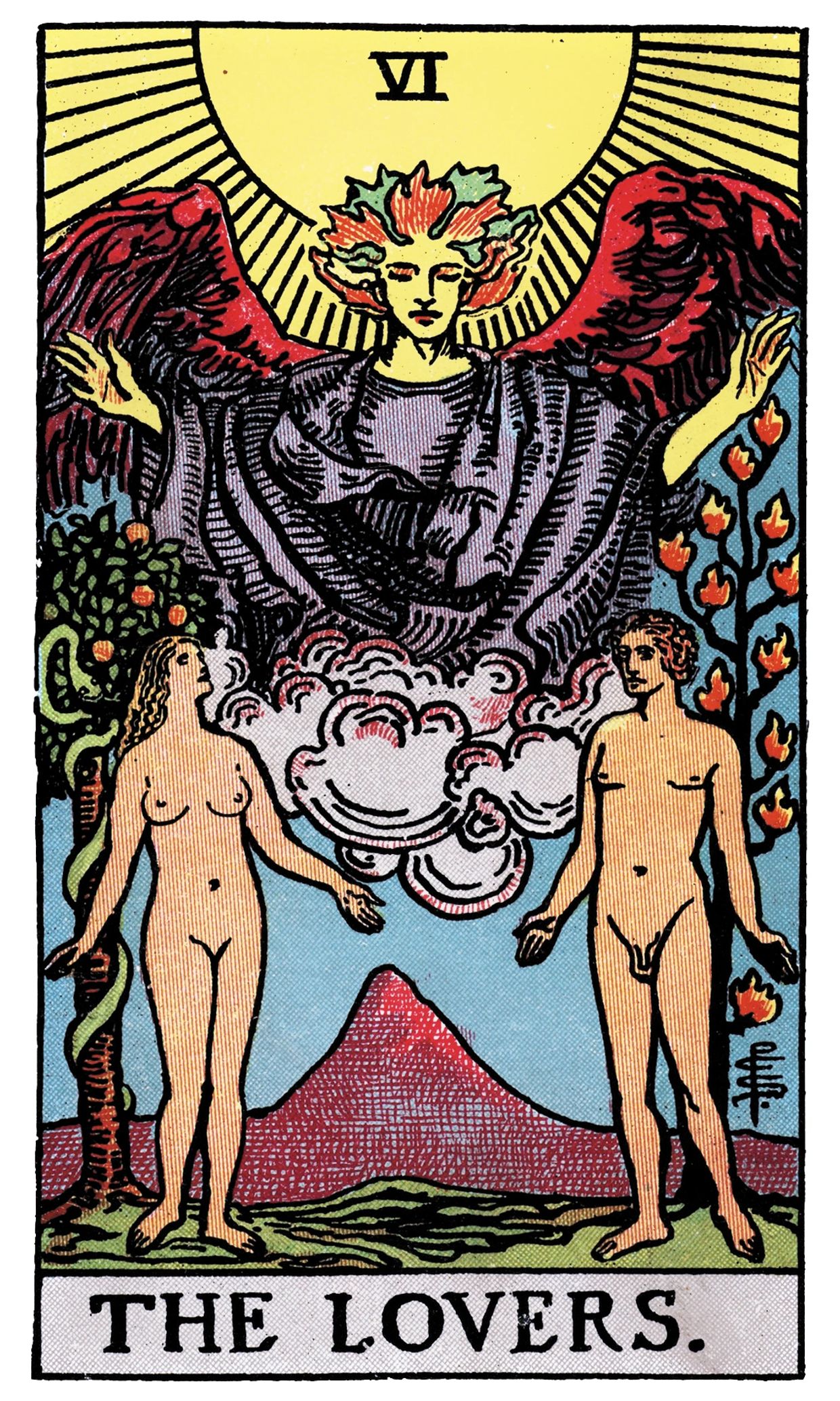 Tarot card 'The Lovers' depicting a man and woman with an angel above them.