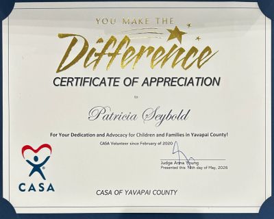 Certificate of Appreciation celebrates 6th year as a CASA