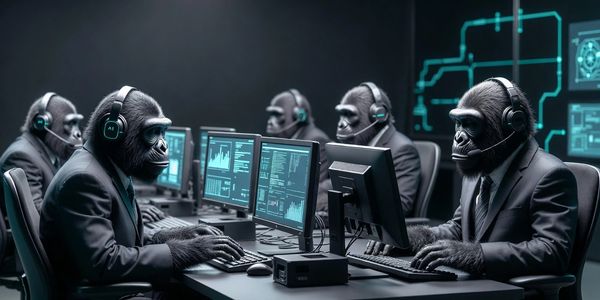 Gorillas in suits working at computers with headsets.