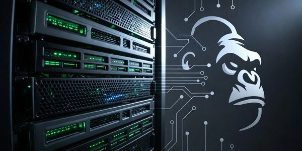 Server racks with a digital gorilla face on the wall.