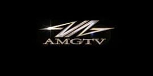 AMGTV logo with metallic stylized letters on a black background.