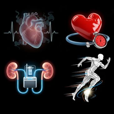 Illustrations of heart, blood pressure, kidney dialysis, and athletic performance.