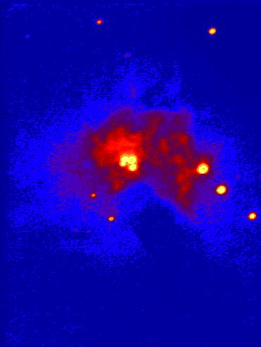 they emit intense ultraviolet radiation exciting the hydrogen gas. False colorized.