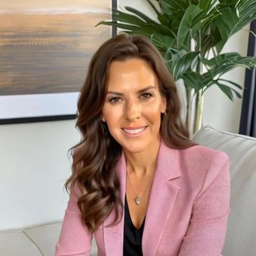 Smiling woman in a pink blazer sitting on a couch with plants and artwork in the background.