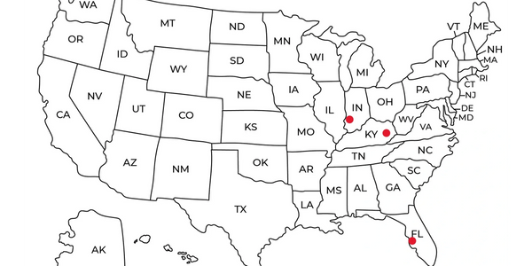 U.S. map with red dots marking locations in Indiana, Kentucky, and Florida.