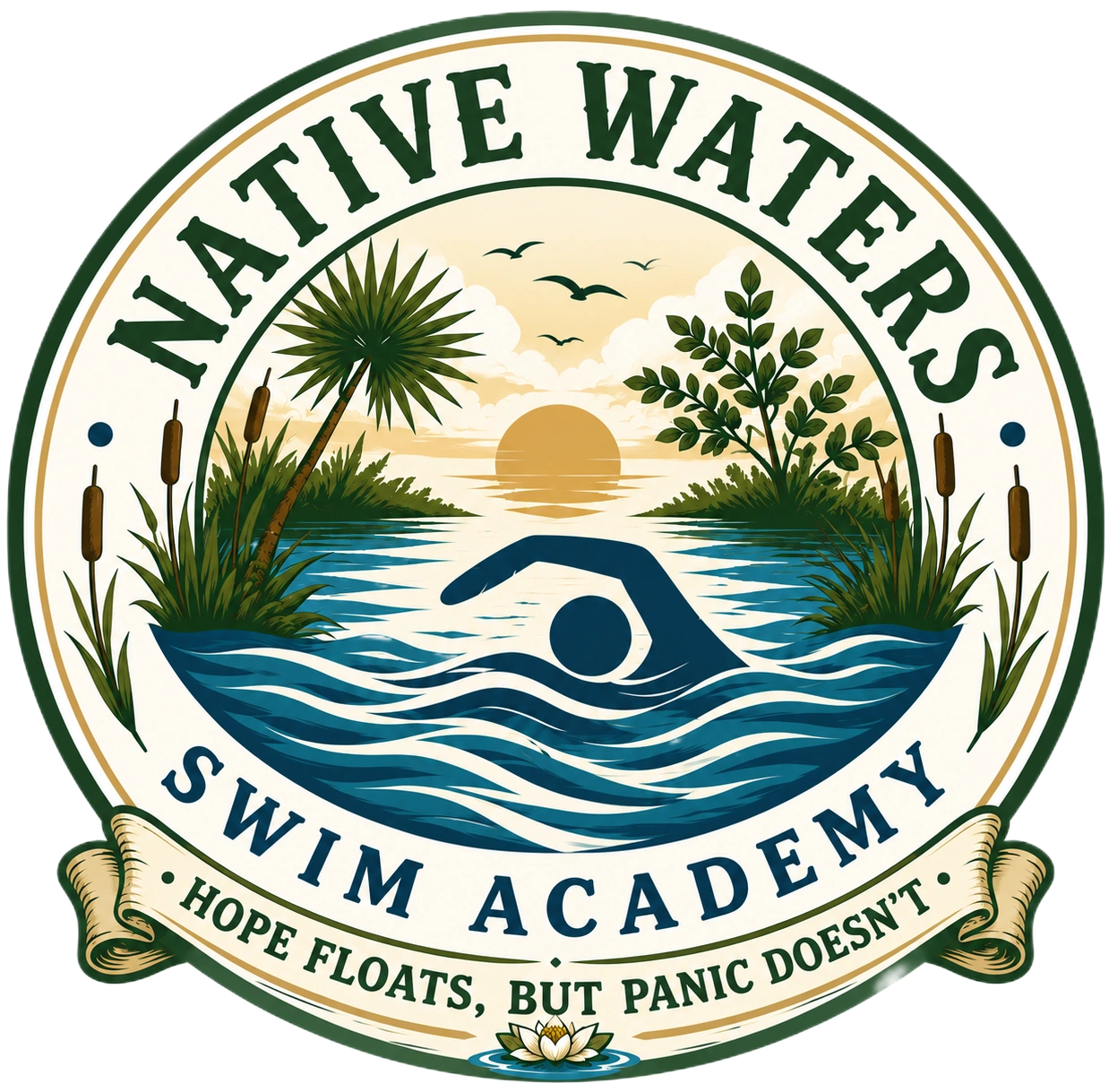 Logo of Native Waters Swim Academy with nature elements and a swimmer.
