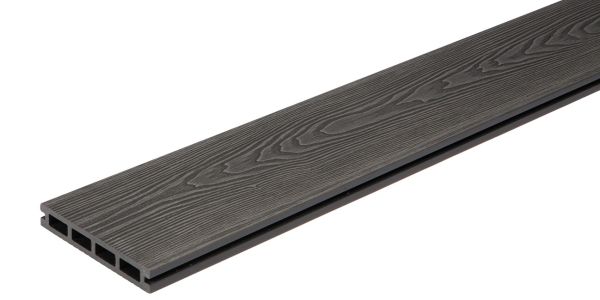 Composite decking board with wood grain texture.