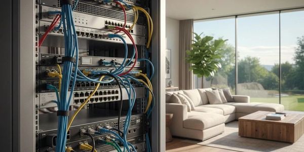 Person managing network cables in a server rack beside a modern living room.