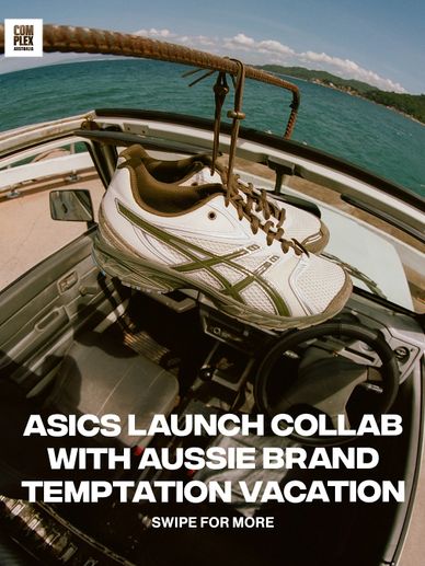 ASICS sneakers hanging inside a car with ocean view, promoting a new Aussie brand collaboration.