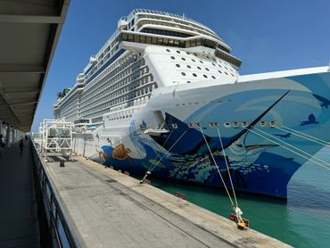 Large cruise ship docked at a port under clear blue skies.