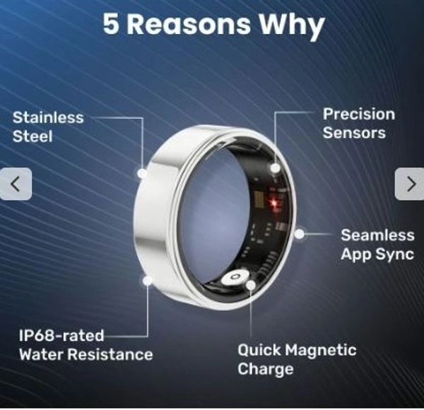 Smart ring with stainless steel, precision sensors, and magnetic charging.