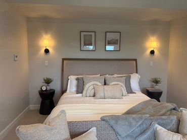 A bedroom with two lamps and a bed