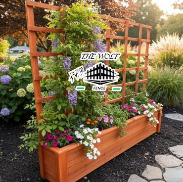 Custom wooden plant box and trellis design in San Jose by The Wolf Fence.